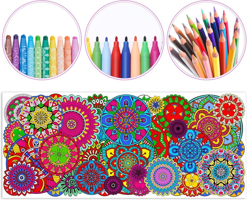 Dvbonike Jumbo Mandala Coloring Poster Giant Flower Color-in Paper Poster DIY Drawing Blank Doodle Art Banner Circular Floral 55.1x23.6 inch Wall Decor, Home School Activity Party Supplies for Kids - Image 3